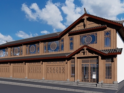 新中式民宿建筑 中式建筑 中式花窗