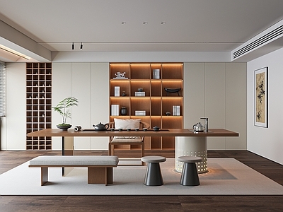 新中式茶室 现代茶室 茶桌椅组合 茶具 茶室背景