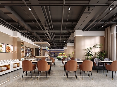 现代简约学生食堂 餐厅 便利店 工装桌椅 自助餐