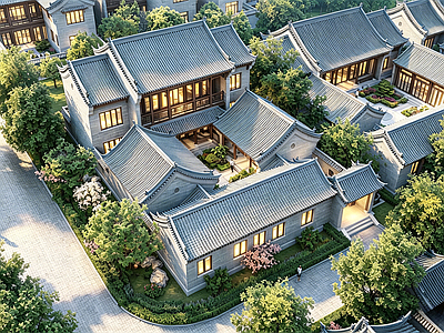 新中式中式别墅建筑 新中式四合院 自建房 合院别墅 仿古建筑 农村别墅 施工图
