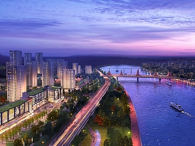 现代主义高层住宅 住宅y 夜景 商场景观 河景
