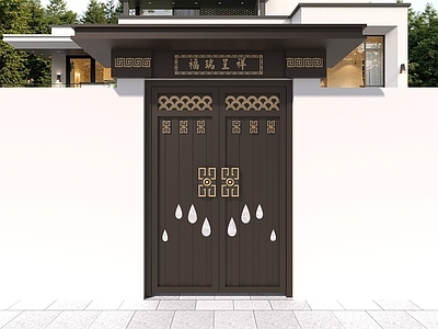 新中式大门 新中式庭院大门 对开别墅门 精雕对开门 水滴造型门 新中式门楼牌匾