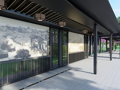 新中式廊架空间 新中式连廊 文化长廊 新中式景观亭 公园长廊 风雨连廊