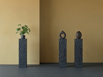 现代摆件组合 黑色纹理花架 风展示台 高款置物底座 雕塑底座 雕塑摆件