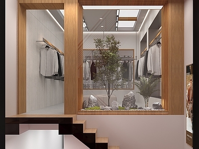 现代简约服装店 服装店 展厅 橱窗 红色楼梯 工业风