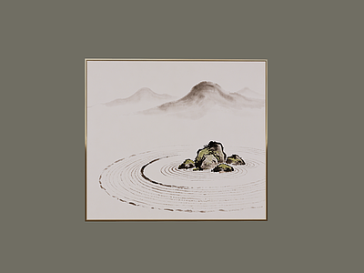 新中式挂画  水墨画 水波纹假山水墨画 新中式挂画 禅意水墨画