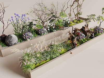 新中式景观花境 花池 枯木绿植 植物造景 花箱 植物堆