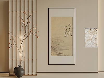 新中式挂画组合 新中式装饰画  壁龛壁灯  落地灯  木制屏风 宋式装饰画
