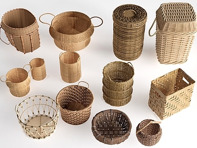现代农具小品 竹筐 民俗小品  竹编小品