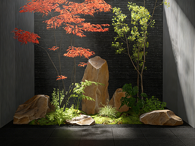 新中式景观庭院小品 柏坡黄景石造景 天井庭院景石造景 自然景石造景 日式禅意天井庭院 太行金景石造景