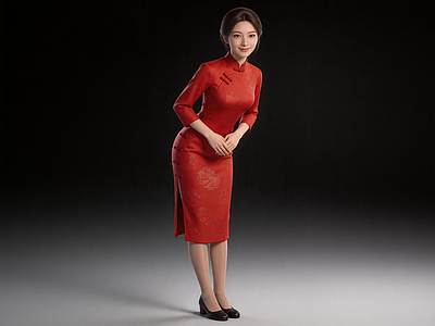 新中式虚拟人物 红旗袍女性 国风旗袍服务员 端庄旗袍女性 服务员 新中式旗袍形象