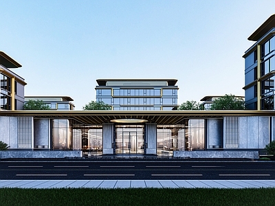 新中式售楼处建筑 现代售楼处 展示区大门 回家大堂 现代住宅