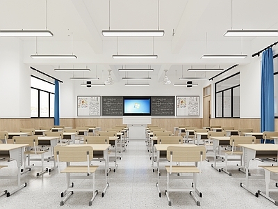 现代简约教室 学校教室 标准教室 普通教室 黑板写字板 书桌椅