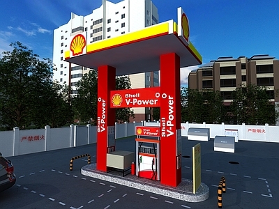 现代简约其他商业建筑 加油站 壳牌 加油站便利店 街边店 鸟瞰图