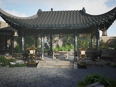 新中式古建筑 古典园林 庭院 江南大院