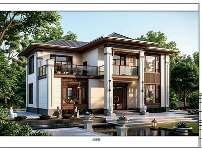 现代别墅建筑 新中式自建房二层 施工图