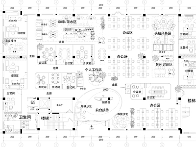 办公大堂 总部办公平面方案 咖啡茶水区 头脑风暴区 经理室 会议室 施工图
