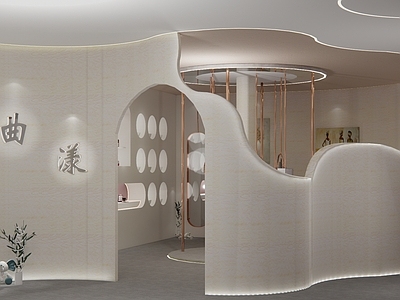 奶油风化妆品展台 室内设计 曲线美学 弧形墙面 异形空间设计 曲面造型