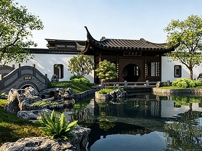 新中式售楼处建筑 古典中式展示区 中式传统售楼部 中式亭廊合院 中式展示区庭院 中式示范区景观