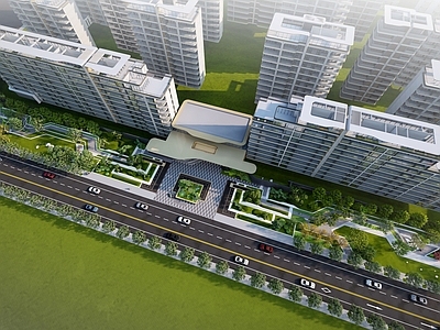 现代简约住宅区景观 市政绿带设计  小区主入口景观 折线绿地设计