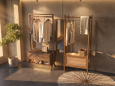 原木风晾衣架 现代衣架 衣服包包鞋子 落地晾衣架