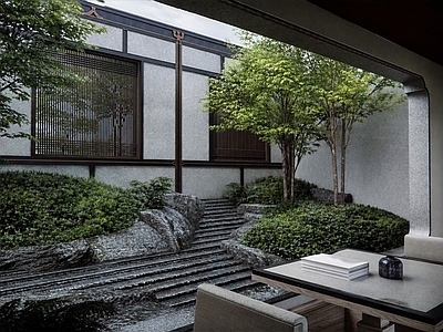 新中式庭院小品 中式下沉天井景观 中式枯山水庭院 唐风日式庭院