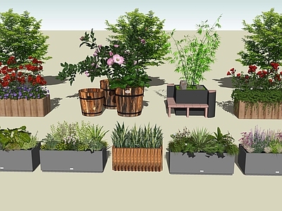 现代简约盆栽 花坛树池绿植灌木 道路花坛花池 植物盆栽花箱 景观花坛花箱组合