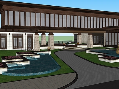 新中式售楼处建筑 销售中心 样板区 示范区 入口水景 销售部