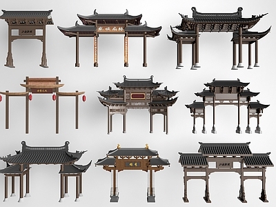 新中式古建筑 现代牌坊 门楼 入口大门 牌楼