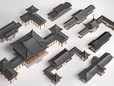 新中式寺庙建筑 新中式景观廊架 景观长廊 中式连廊 中式凉亭