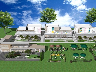 现代简约休憩花园 商业外摆餐饮 遮阳伞露天餐厅 桌椅座椅家具花箱
