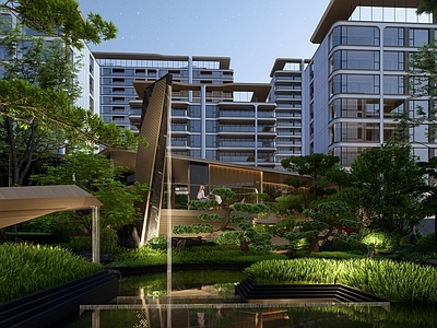 新中式住宅区景观 住宅小区  住宅示范区 宅间景观  轴线景观