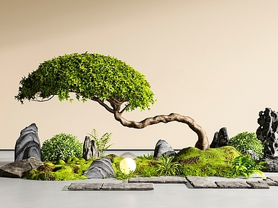 新中式景观枯山水 新中式庭院小品 歪脖子景观树 景观造景 偏冠树 石头汀步