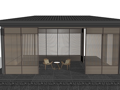 新中式亭子 新中式宋式茶亭 特色格栅斜屋顶 矮栏杆户外家具 观景亭廊