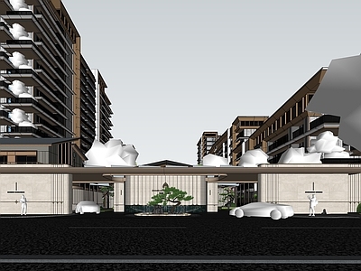 新中式小区建筑 张家口鸿坤 四代住宅 入口示范区 商业街 叠拼