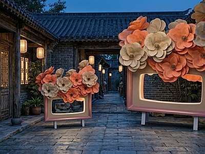 新中式文旅美陈 花朵主题框景打卡 电视机框景 花朵美陈qy