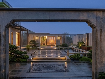 新中式别墅庭院 新中式别墅庭院 新中式水景庭院 中式景墙拱门