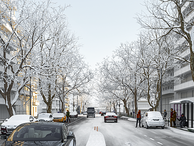 现代简约街道 雪景街道  雪景树   街道   雪景车   冬天人