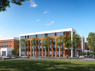 新中式学校建筑 现代学校校园 操场 红砖学院风