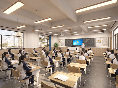 现代简约教室 现代教室 课室  课桌椅  黑板
