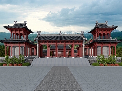 新中式古建 古建山门 仿古门楼 寺庙入口 钟楼 鼓楼