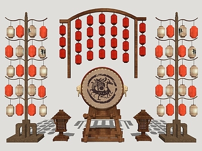 新中式春节美陈 灯笼 灯笼架 节日美陈 战鼓