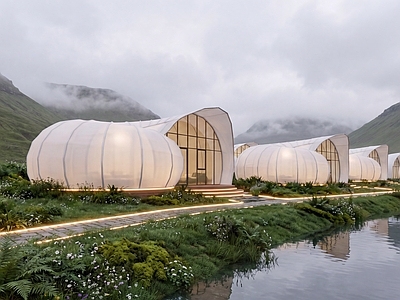 现代主义民宿建筑 异形帐篷 贝壳帐篷 白色帐篷 民宿 帐篷酒店