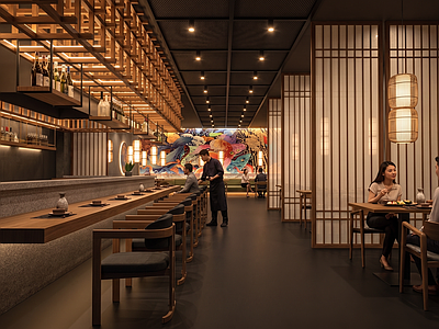 日式日料店 中式日式 餐厅餐馆餐饮  水吧台酒柜酒吧台 中式日式吊灯