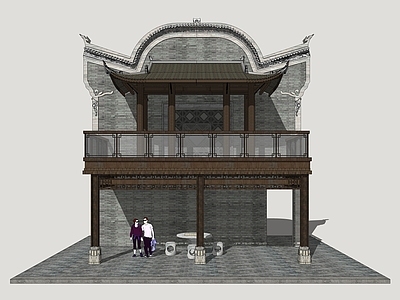 新中式古建筑 古建山墙 凉亭 休闲平台 封火墙