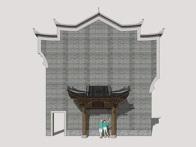 新中式古建筑 建筑山墙 封火墙 古建入户门 山墙院门