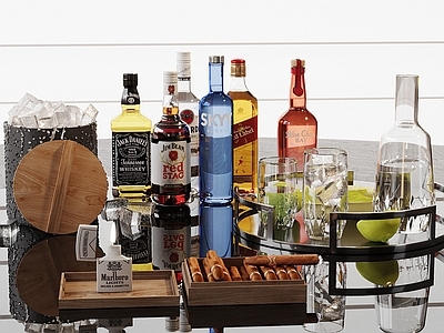 现代简约酒水食物 现代酒水食物摆件 酒瓶酒水 雪茄 水杯水壶