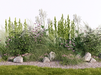 自然野趣风庭院小品 自然野趣风花境 花卉花草花坛花镜 穗状高杆植物 银叶灌木羽毛草 庭院公园植物景观