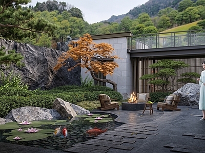 新中式别墅庭院 庭院 中庭 枯山水