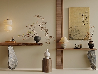 新中式玄关 宋式条案端景  装饰画  摆件盆栽  石头条案玄关